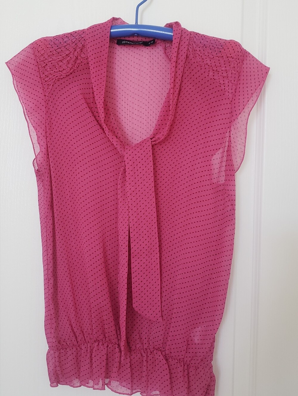 Atmosphere Fuchsia Dot Sheer Tie-Neck Cap Sleeve Blouse